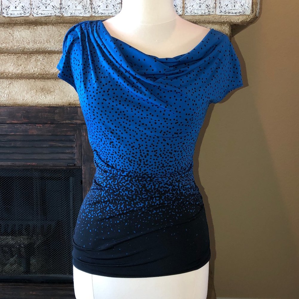 Gradient fancy knit tee with asymetrical drape neckline